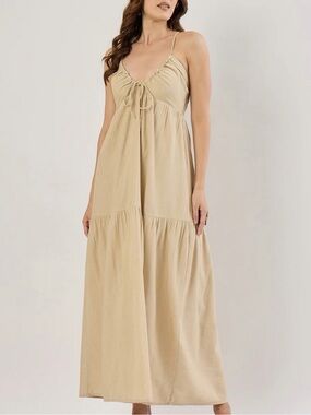🆕🌾Sim&Sam Beige Linen Blend Maxi Dress Boho Tiered Summer M Medium Natural Flowy